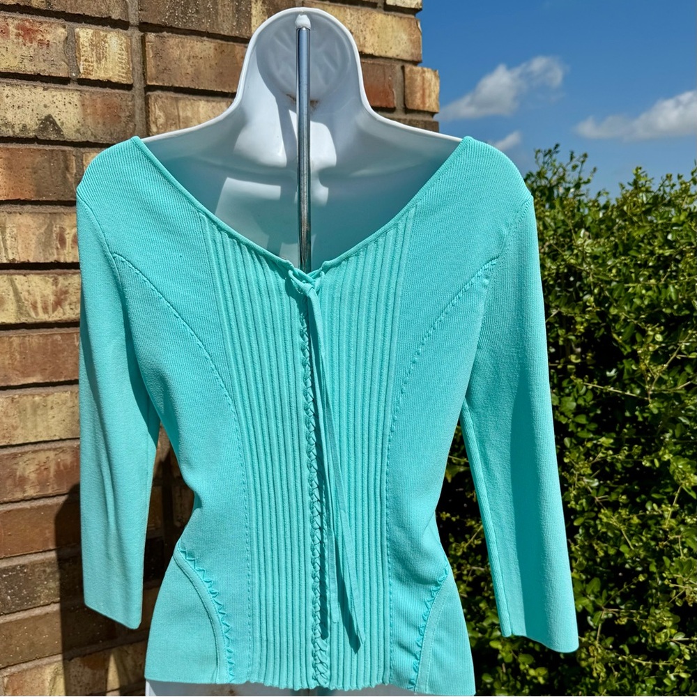 Cyrus Aqua 3/4 Sleeve Sweater, Size S; laces up back